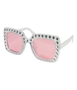 Hvide bling bling briller med pink glas