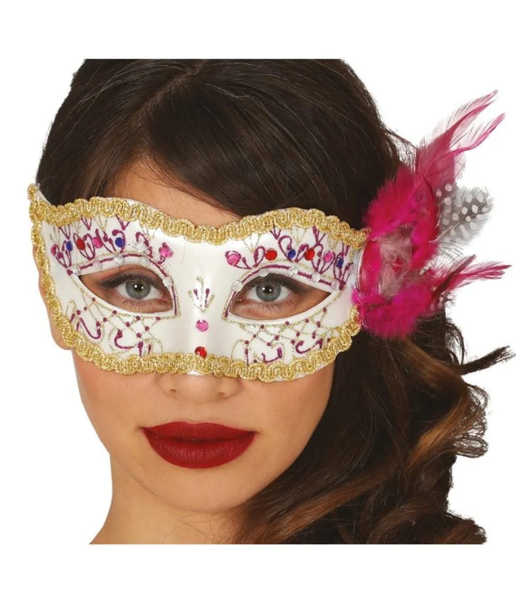 Hvid maske med pink fjer