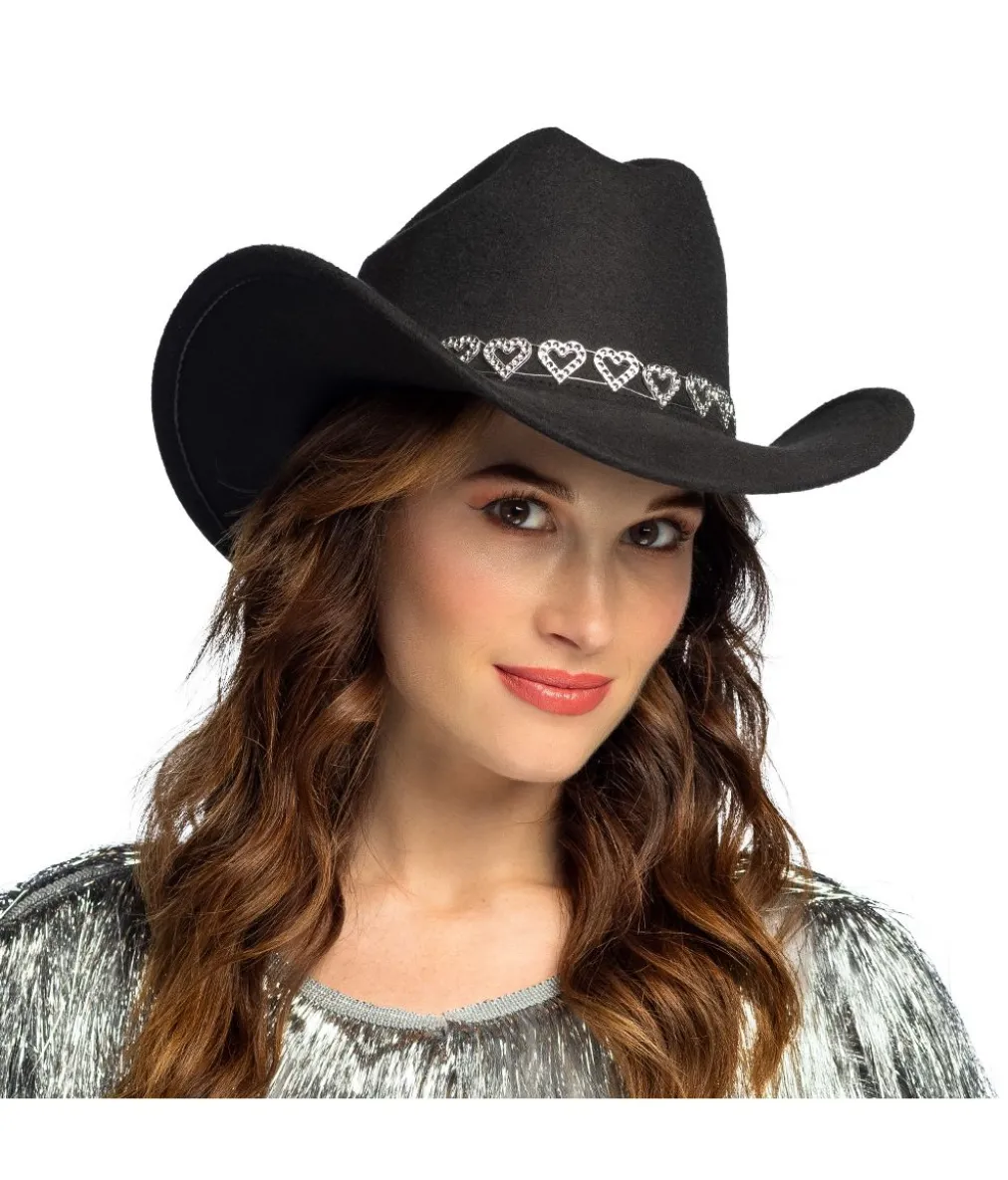 Sort cowboyhat med sølv hjerter